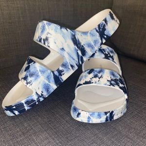 blue and white birkenstock style sandals